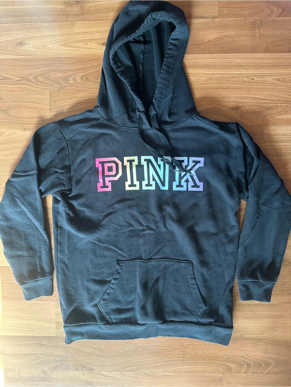 PINK Victoria's Secret Black Pullover Hoodie with Rainbow Label Detail
